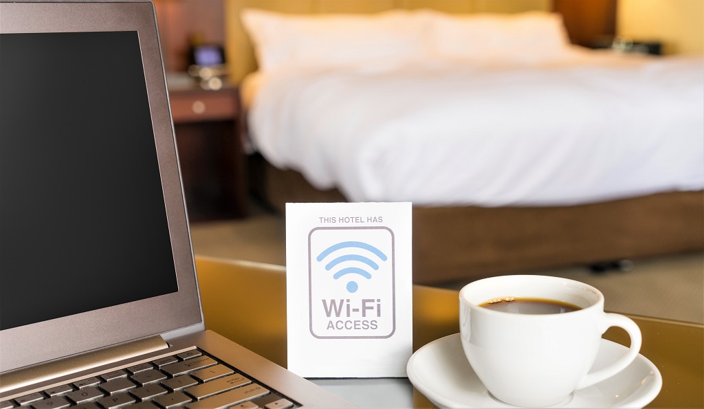 Hotel room with wifi access sign