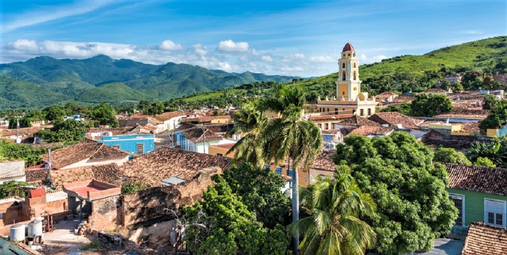 Trinidad de Cuba Cityscape including the Convent of Saint Assisi and the Escambray Mountains